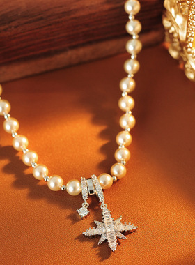施家珍珠六芒星项链女轻奢小众雪花毛衣链秋冬高级感百搭颈链批发