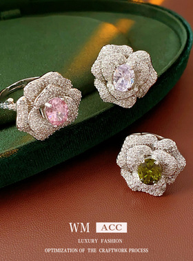 超闪锆石花朵椭圆开口戒指小众高级感食指戒轻奢精致百搭手饰批发