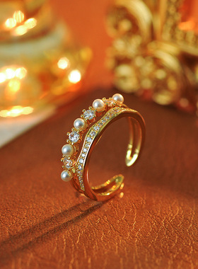 双层设计锆石珍珠开口指环小众设计时尚轻奢高级感食指戒批发代发