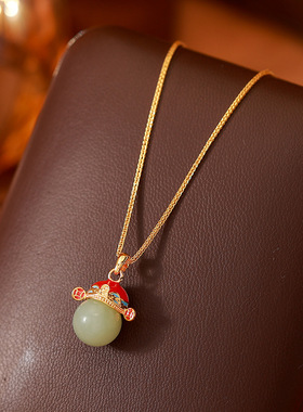 新中式玉髓财神爷项坠玛瑙项链复古轻奢招财爷吊坠小官帽精致