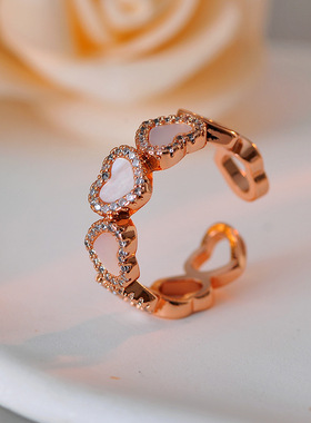 欧美时尚真金电镀精致贝母爱心开口戒指ins风高级感指环批发代发