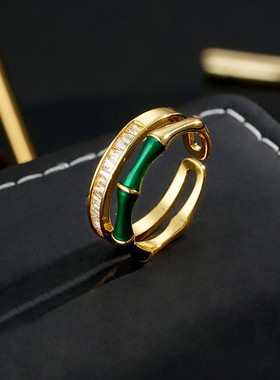 新款高级感中式滴油绿色竹节镶锆石开口戒指轻奢小众精致百搭指环