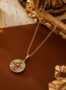 莫奈花园中古油画风铜镀真金项链万能扣吊坠高级感轻奢小众锁骨链