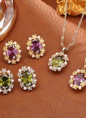 高级感水晶花朵珍珠吊坠项链时尚清新甜美气质感锁骨链仙女风耳钉