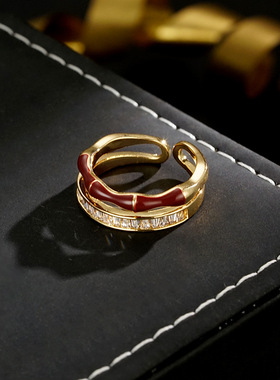 网络爆款安哥拉红竹节锆石双层戒指小众设计高级感气质百搭戒指
