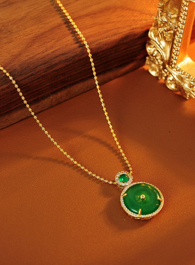 国风天然玉髓平安扣项链镶钻圆形天然石转运气质高级感锁骨链批发