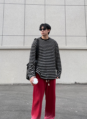 IDDB 春秋条纹圆领长袖T恤男士休闲百搭宽松打底卫衣男慵懒风时尚