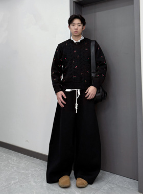 IDDB 韩版复古刺绣圆领针织衫男宽松百搭黑色毛衣学院风潮流休闲