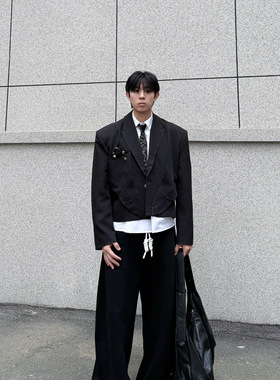 IDDB 小众设计短款西装外套男秋季休闲痞帅潮流宽松垫肩夹克黑色