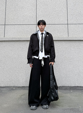 IDDB 黑色翻领夹克男雏菊刺绣宽松垫肩休闲外套潮流痞帅双面穿搭