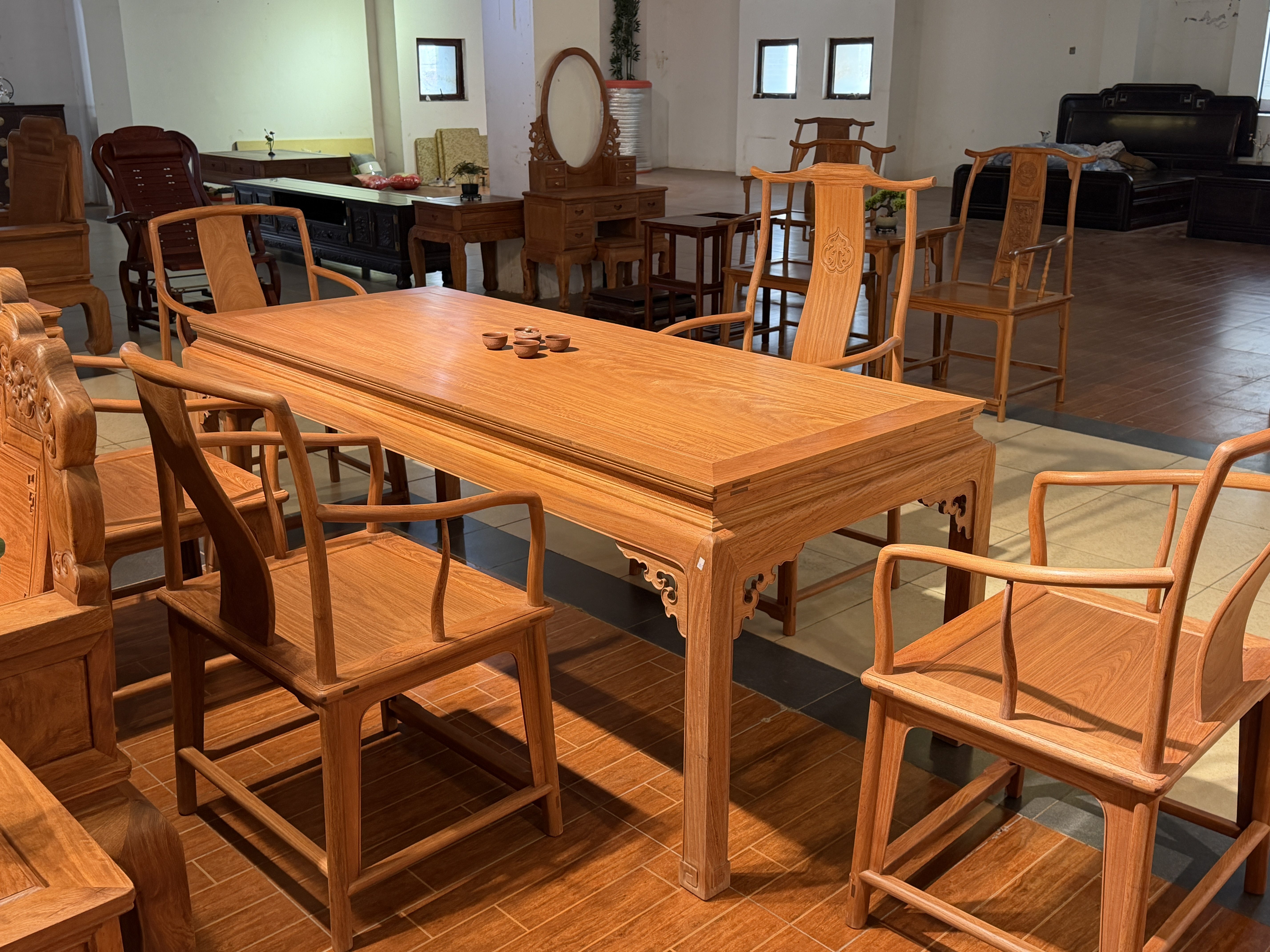 缅甸花梨2米干泡茶桌一套画案大果紫檀一桌五椅