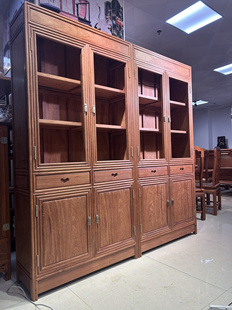 实木书橱柜仿古置物柜展示柜玻璃柜红木家具 缅甸花梨书柜中式