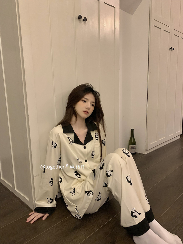 여성 잠옷 봄 가을 새로운 스타일 23세트 순면 프린트 긴팔 소녀 인터넷 연예인 달콤하고 시원한 스타일 팬더 홈웨어