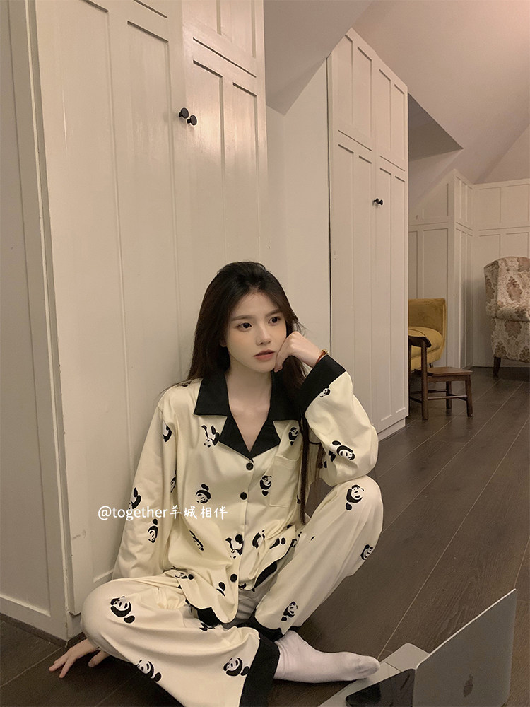 여성 잠옷 봄 가을 새로운 스타일 23세트 순면 프린트 긴팔 소녀 인터넷 연예인 달콤하고 시원한 스타일 팬더 홈웨어