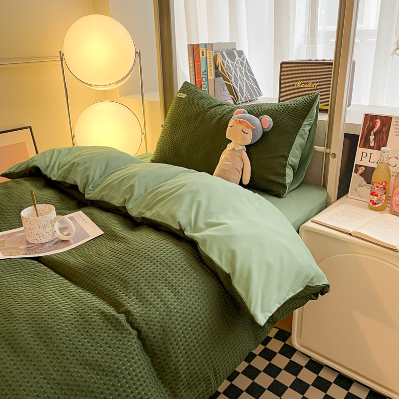 学生季华夫格水洗棉四件套非纯棉学生宿舍床单被套三件套床上用品