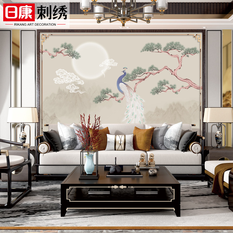 独秀刺绣印加绣墙布富贵迎客中式孔雀松树客餐厅沙发电视背景壁布