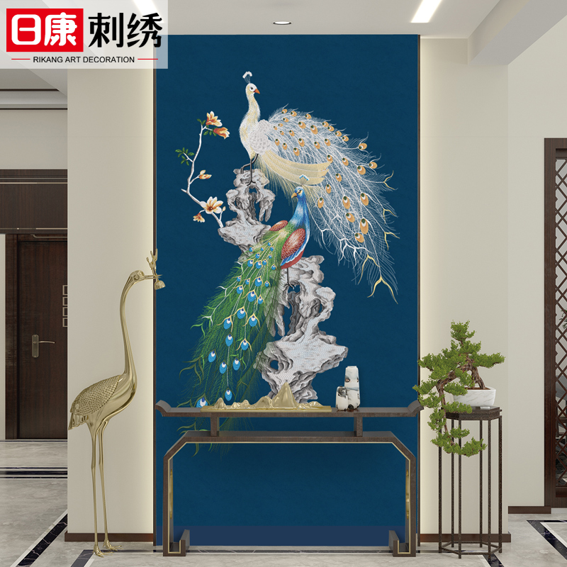 刺绣过道走廊入户玄关孔雀墙布