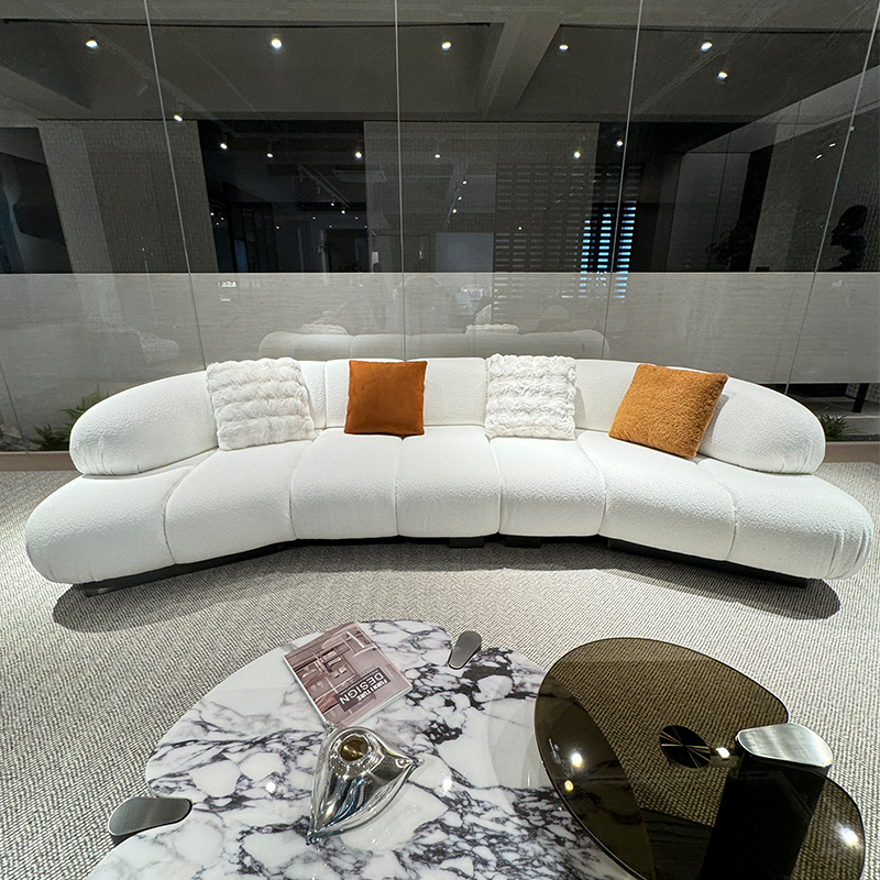 2025年新款现代简约弧形布艺沙发白色奶油风意式极简佛山家具工厂