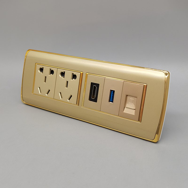 118型香槟金色十孔电源HDMI直头USB3.0直插数据六类网络千兆网线