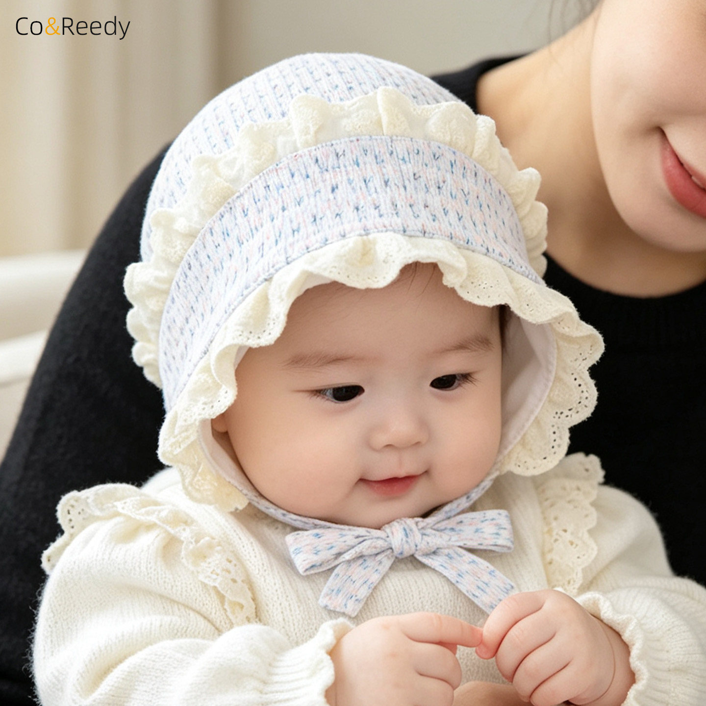 春秋女婴针织蕾丝系带护耳公主帽