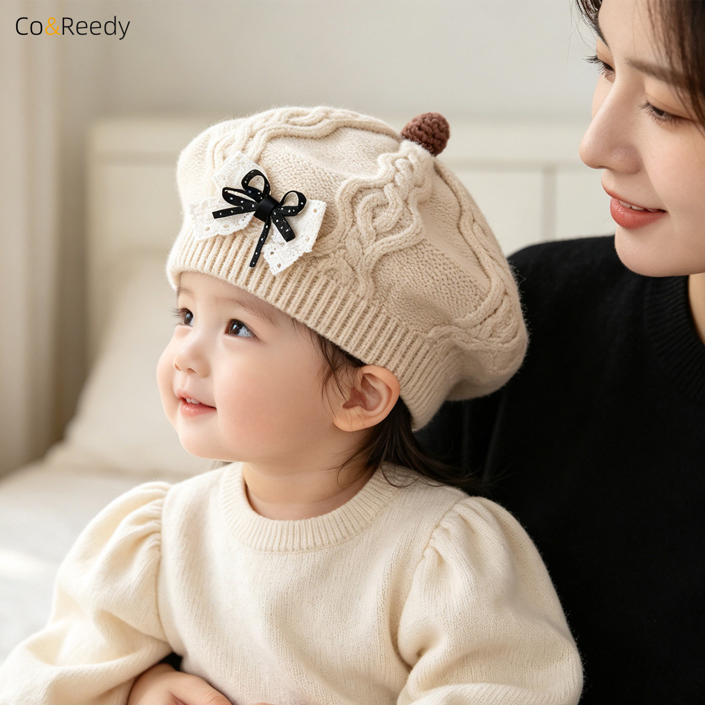 秋冬保暖女宝宝双层蝴蝶结贝雷帽
