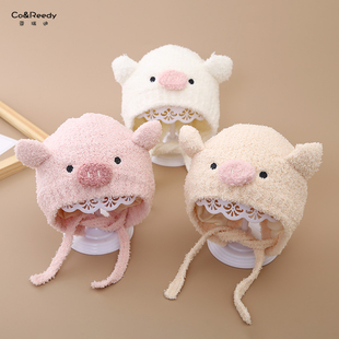 婴儿帽子秋冬季护耳保暖可爱卡通小猪小月龄宝宝外出防风新生幼儿