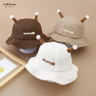 儿童帽子秋冬季保暖针织渔夫帽男女宝宝出游可爱触角防晒防风盆帽