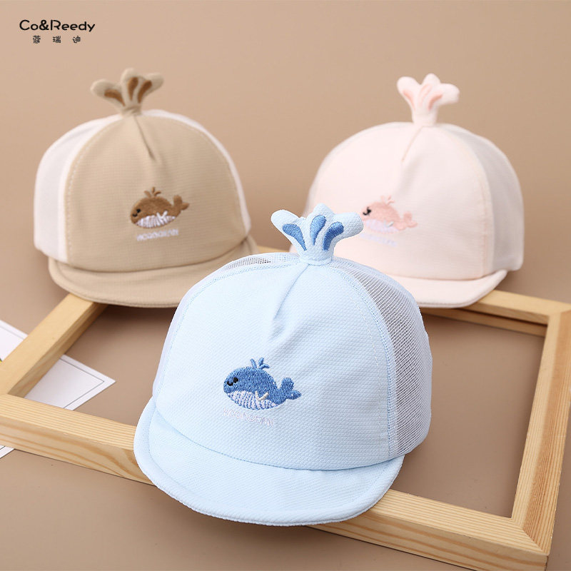 婴儿帽子夏季薄款卡通小月龄网纱遮阳帽男女宝宝防晒鲸鱼鸭舌帽新