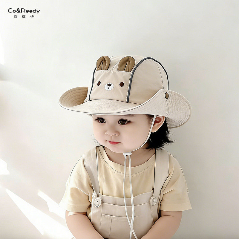 婴儿帽子春夏季薄款小熊渔夫帽男女宝宝遮阳防晒外出透气翻边帽
