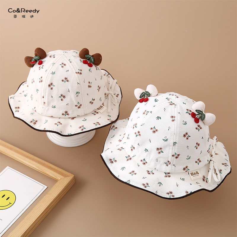 婴儿帽子春季遮阳防晒帽女宝宝复古三束花印花蝴蝶结樱桃耳渔夫帽,童装/婴儿装/亲子装,帽子,淘宝优惠券,粉丝福利购,淘宝优惠卷