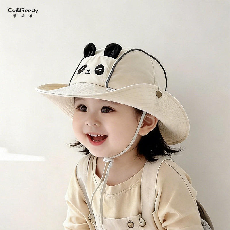 婴儿帽子春夏季薄款遮阳防晒渔夫帽男女宝宝卡通熊猫大帽檐翻边帽