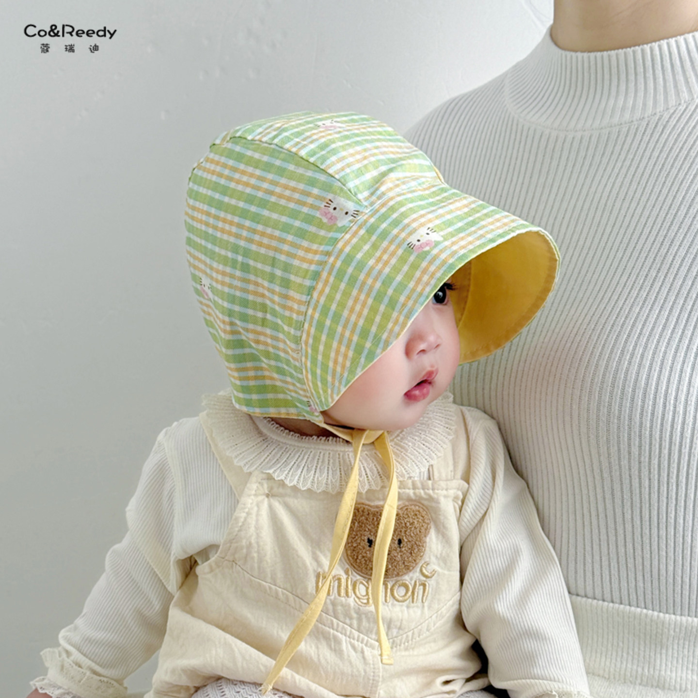 婴儿帽子春夏季薄款遮阳防晒护耳帽男女宝宝复古格子双面戴包头帽