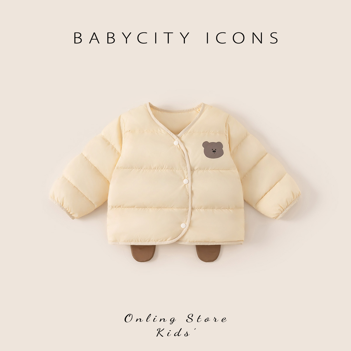 贝贝城下摆装饰卡通图案羽绒服