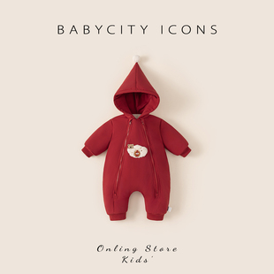 贝贝城婴儿衣服冬装2025新款加厚女宝宝外出服红色加绒连体衣棉服