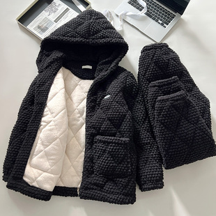 珊瑚绒睡衣男士冬季加厚加绒三层夹袄冬款连帽拉炼家居服套1111w