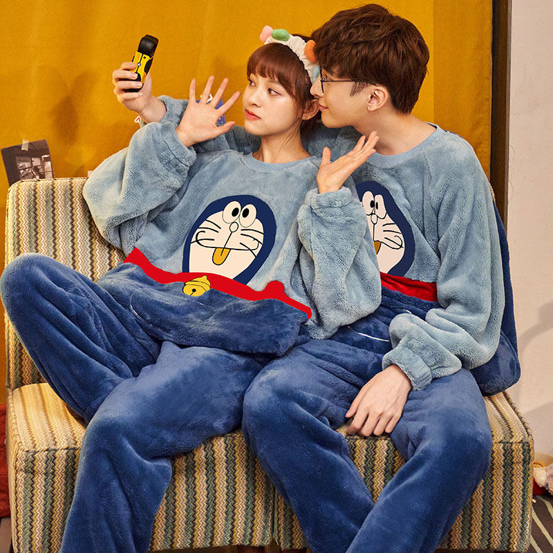 情侣睡衣女秋冬法兰绒加厚加绒卡通可爱保暖珊瑚绒男士家居服套装