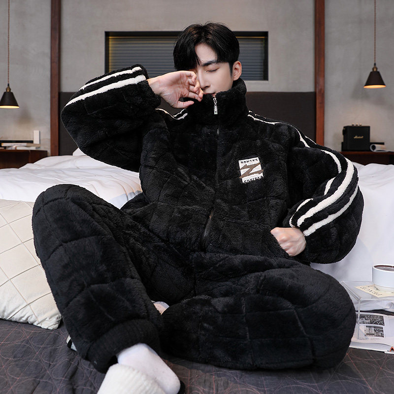 珊瑚绒睡衣男款秋冬季加绒加厚三层夹棉袄高领拉链保暖家居服套装