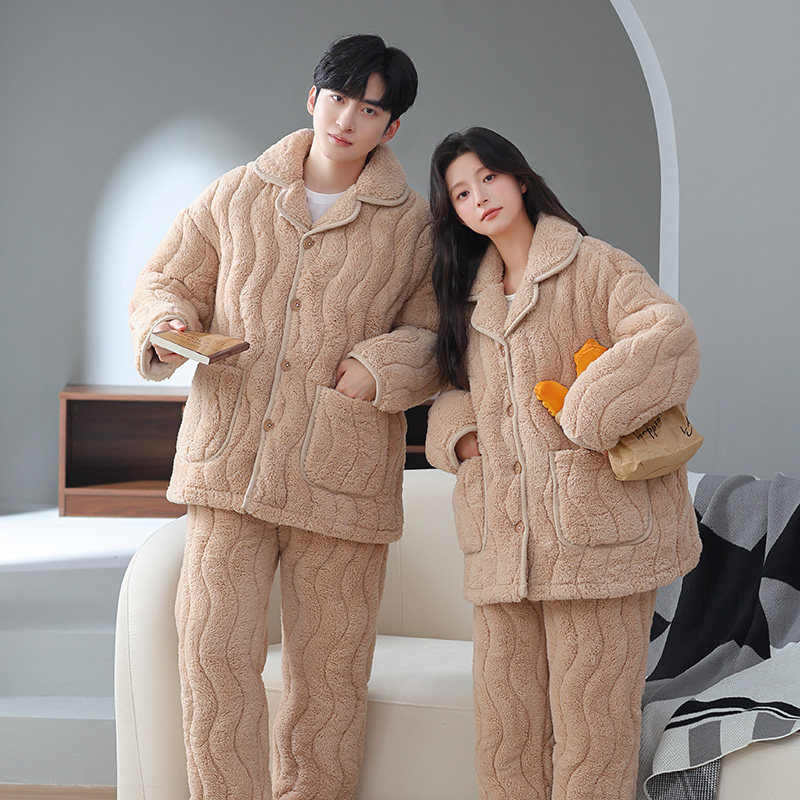 珊瑚绒睡衣情侣装一男一女秋冬款加绒加厚三层夹棉保暖家居服套装