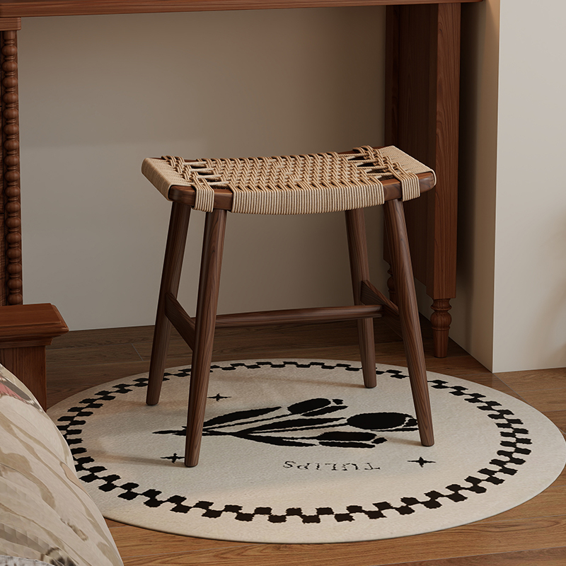 中古实木化妆凳家用卧室梳妆台凳复古梳妆椅创意绳编凳轻奢梳妆凳