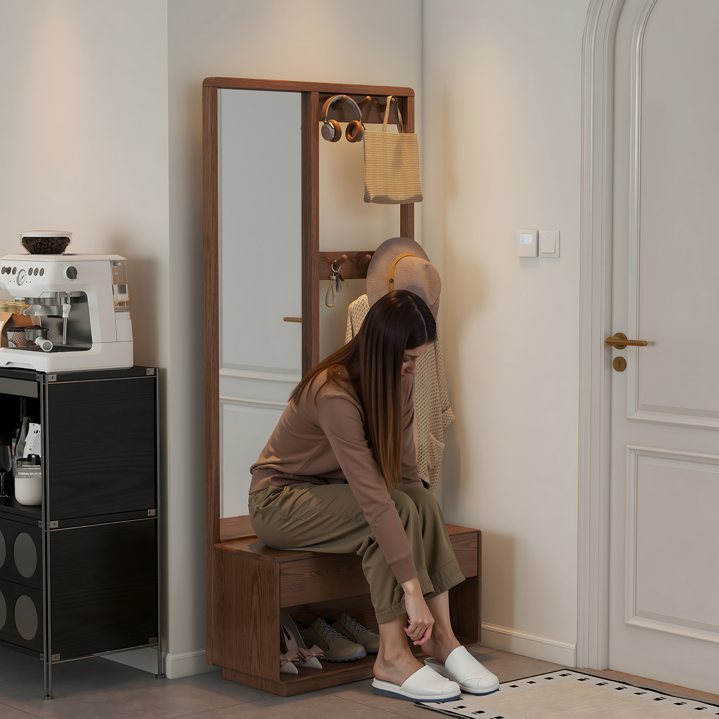 实木换鞋凳落地入户家用换鞋凳穿衣镜挂衣架一体入户多功能收纳架