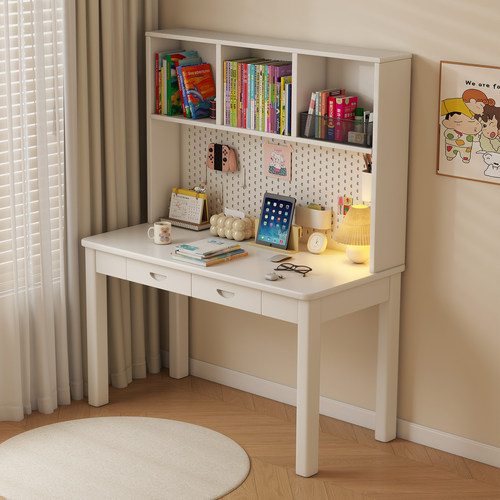 实木儿童书桌书架一体白色简约家用学习桌学生书房带洞洞板写字桌