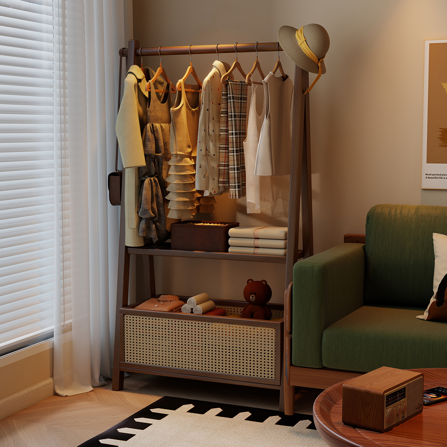 中古衣帽架卧室家用落地挂衣架多功能收纳置物架可移动简约衣服架