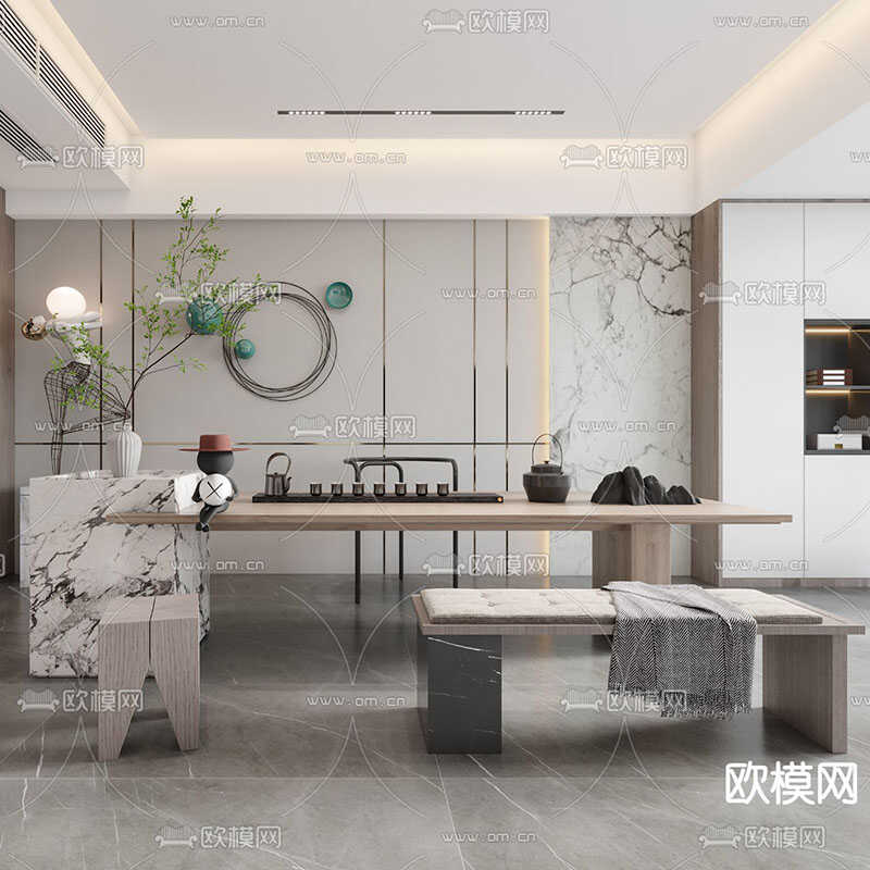 木林世家现代轻奢茶室白蜡木岛台