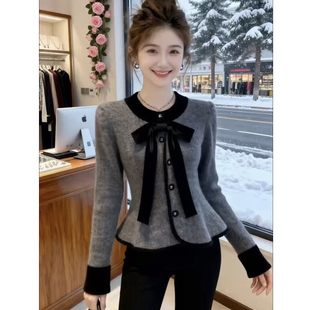 2025秋冬新款黑色丝绒蝴蝶结拼接收腰修身显瘦圆领气质名媛衬衫女