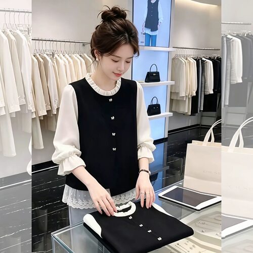 假两件小香风喇叭袖正肩衬衫女2026秋季新款大码胖mm洋气减龄上衣