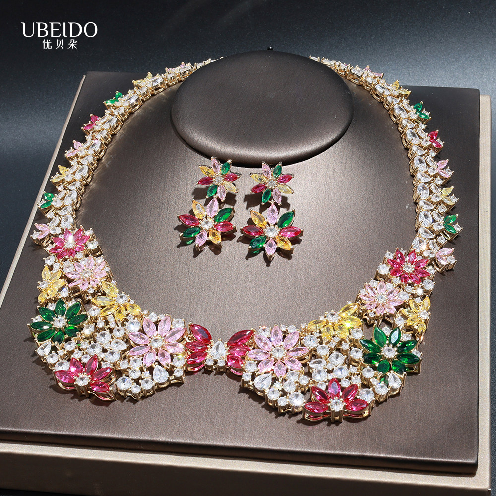UBEIDO彩色锆石项链耳环套装礼服晚宴满钻花朵新娘婚礼假领子配饰