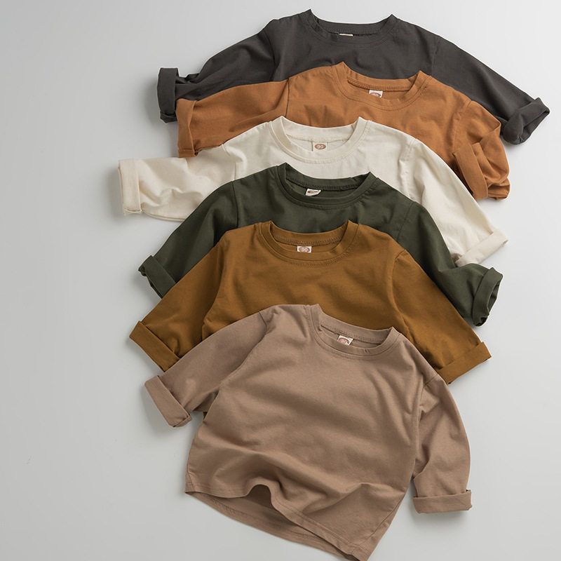 yyds咔叽色系~闭眼搭韩版儿童春秋新款棉T恤洋气长袖男女打底潮