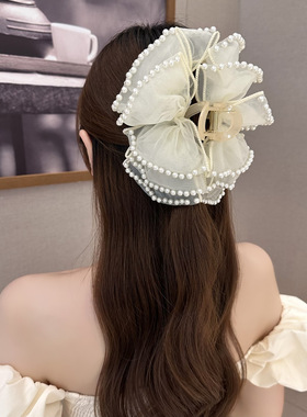 黑色复古小香风珠珠蝴蝶结抓夹女高级感泡泡云朵鲨鱼夹子头饰发夹