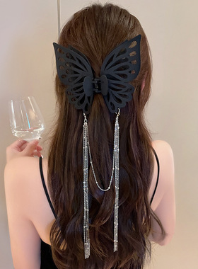 黑色超大号蝴蝶流苏马尾抓夹鲨鱼夹发夹女后脑勺半扎夹子头饰网红