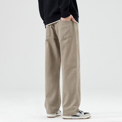 Aurorass日系浅卡其色休闲裤秋季男直筒阔腿宽松长裤纯棉长裤子